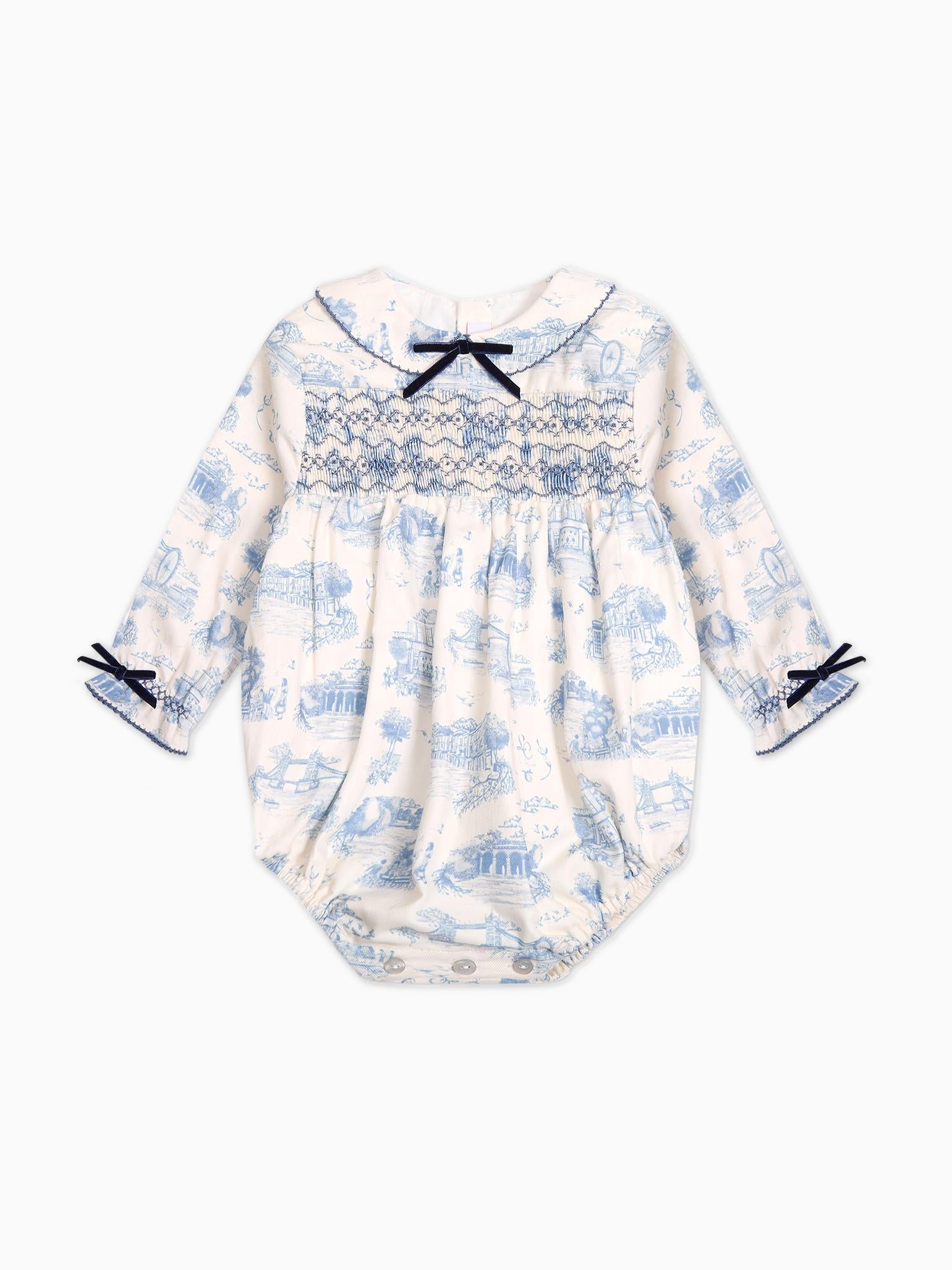 Blue Toile De Jouy Sabrina Baby Girl Smocked Romper