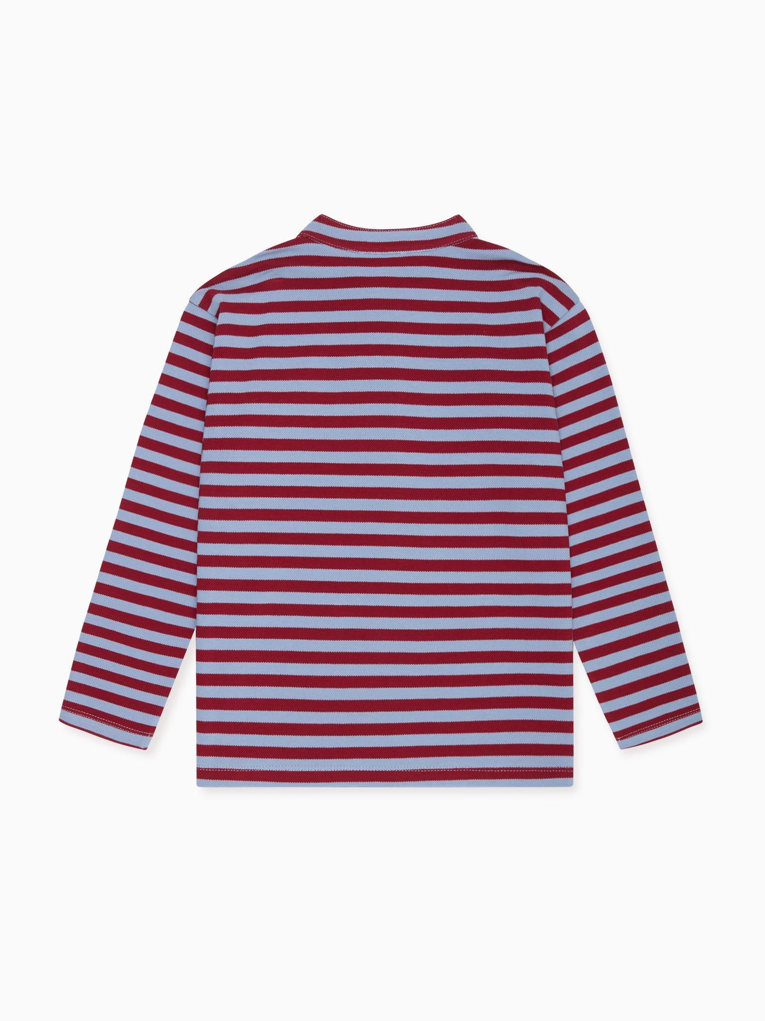 Dusty Blue & Burgundy Stripe Alcomo Long Sleeve Boy Polo Shirt