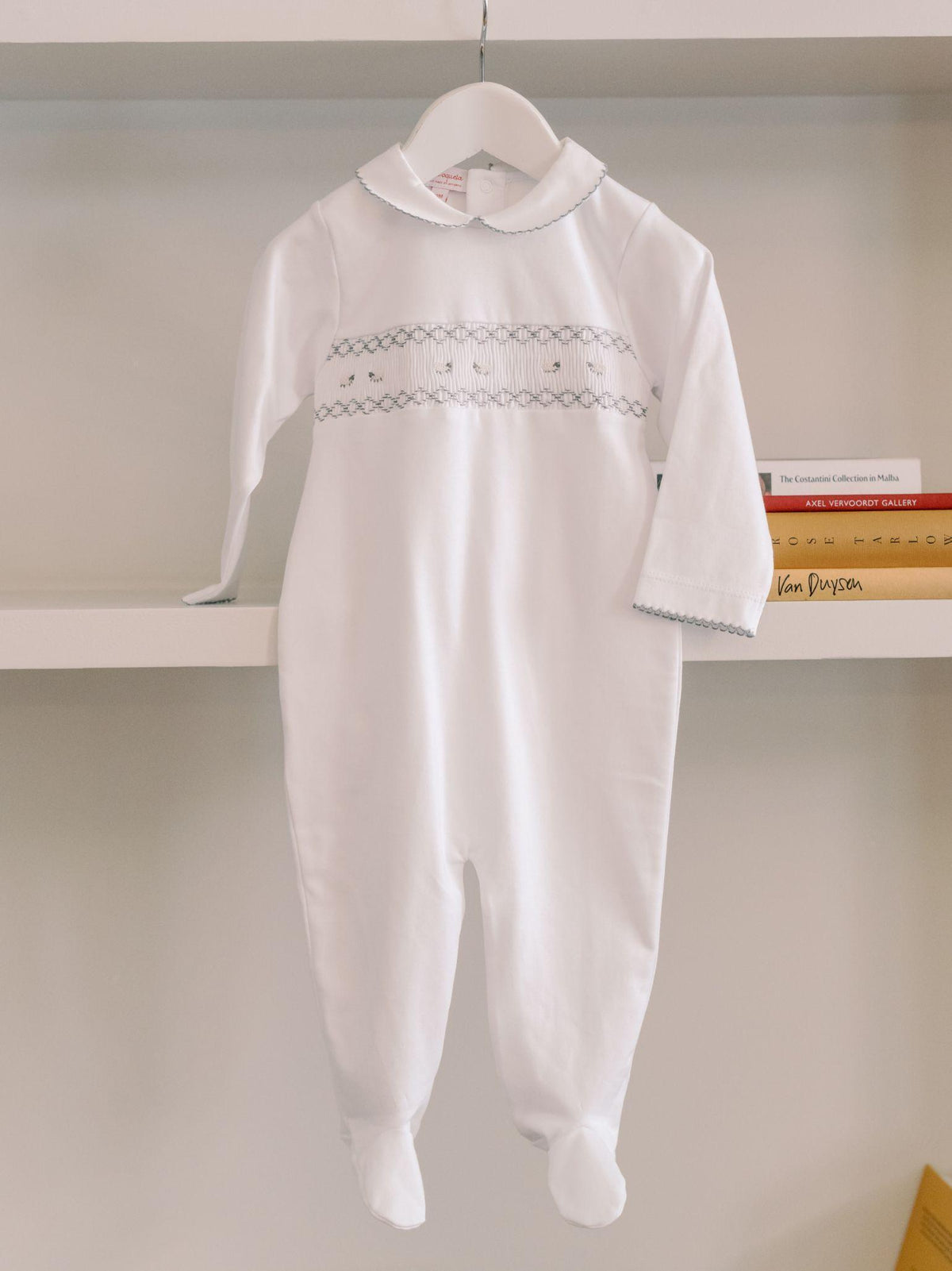 White Lamb Baby Girl Hand-Smocked Sleepsuit