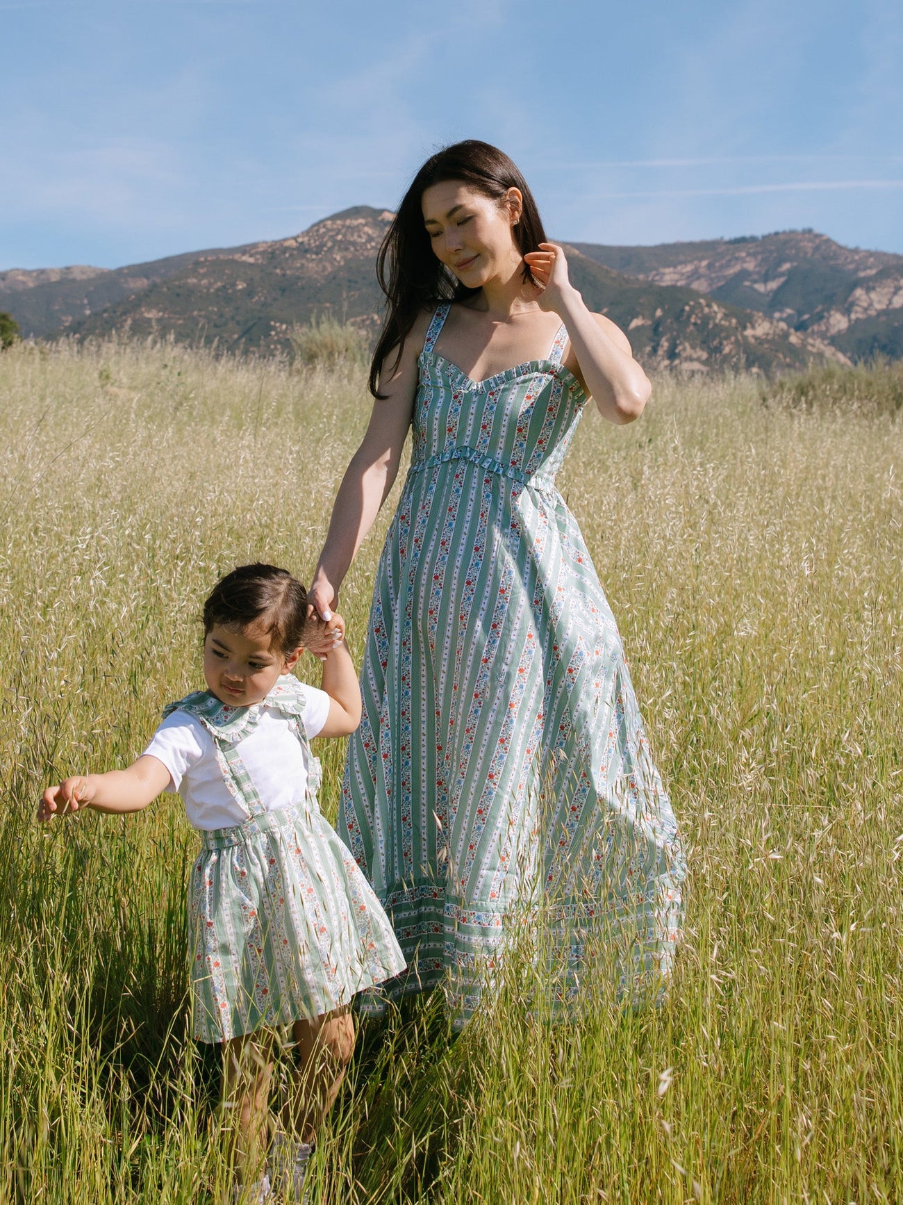 Sage Floral Stripe Reina Girl Pinafore Skirt