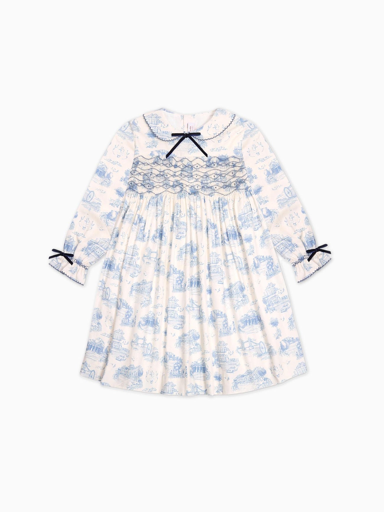 Blue Toile De Jouy Alice Girl Hand-Smocked Dress