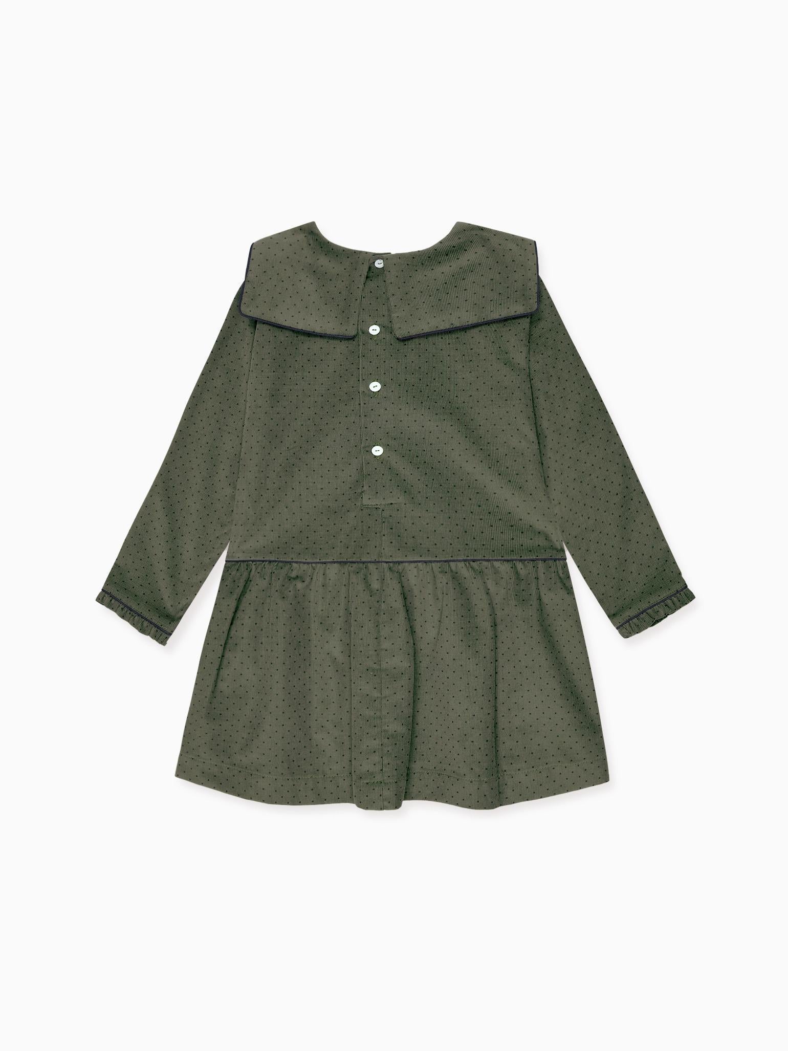 Olive Polka Dot Aranda Corduroy Girl Drop Waist Dress