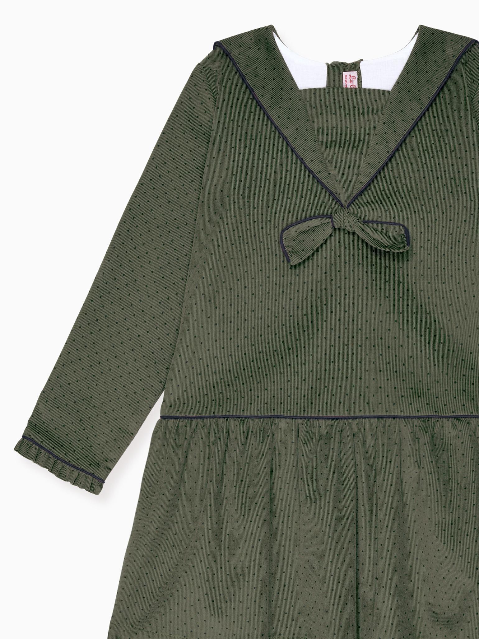 Olive Polka Dot Aranda Corduroy Girl Drop Waist Dress
