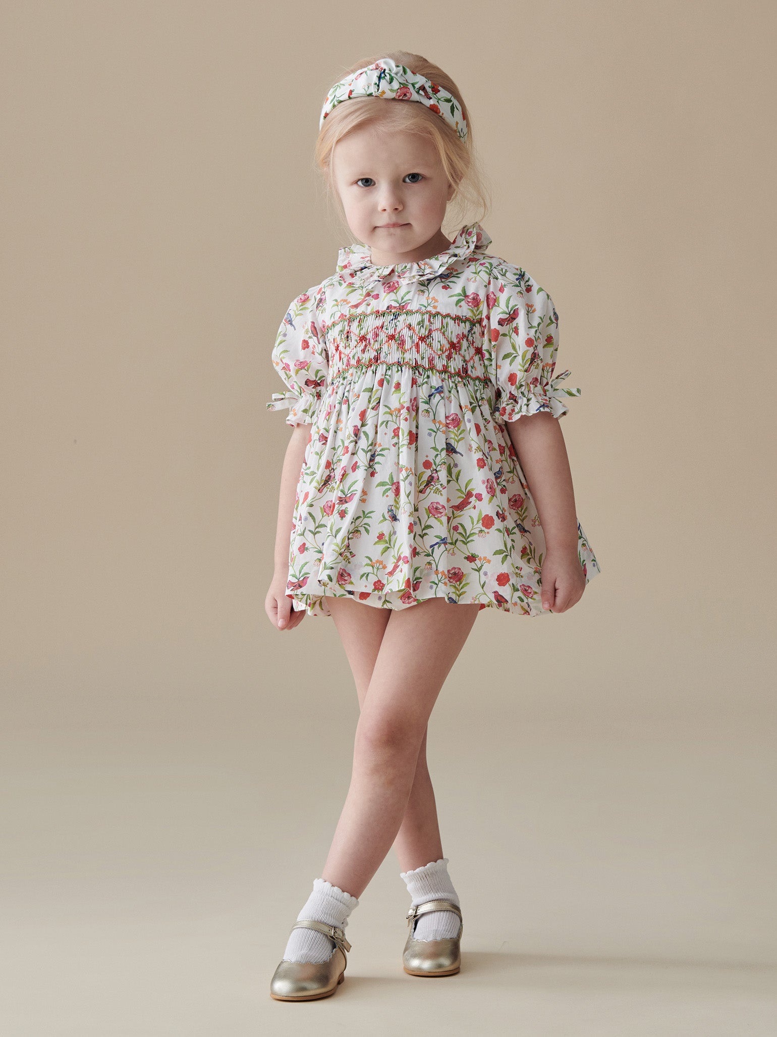 Ivory Bird Floral Azura Baby Girl Hand-Smocked Set