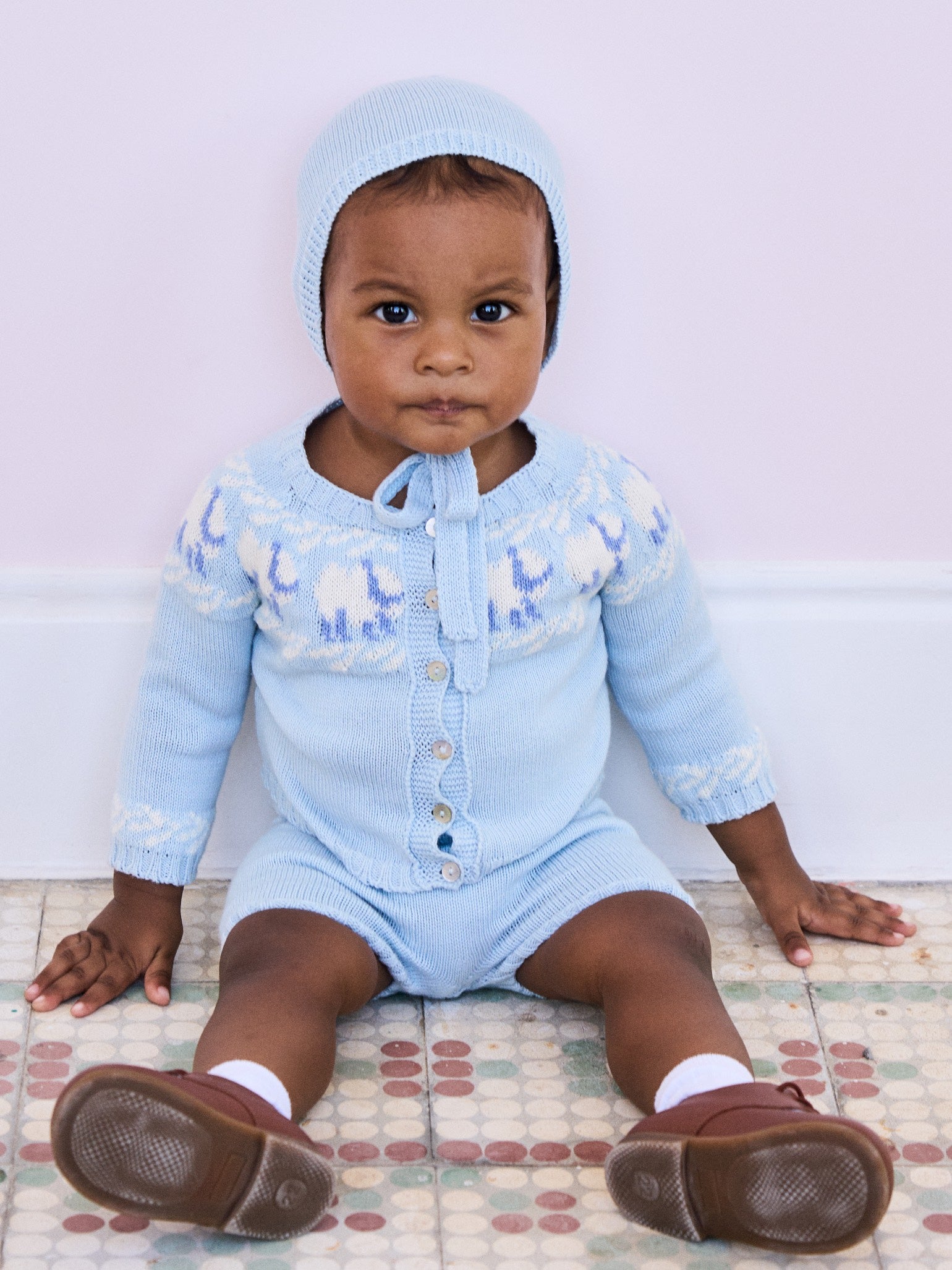 Light Blue Bigal Cotton Baby Knitted Bonnet