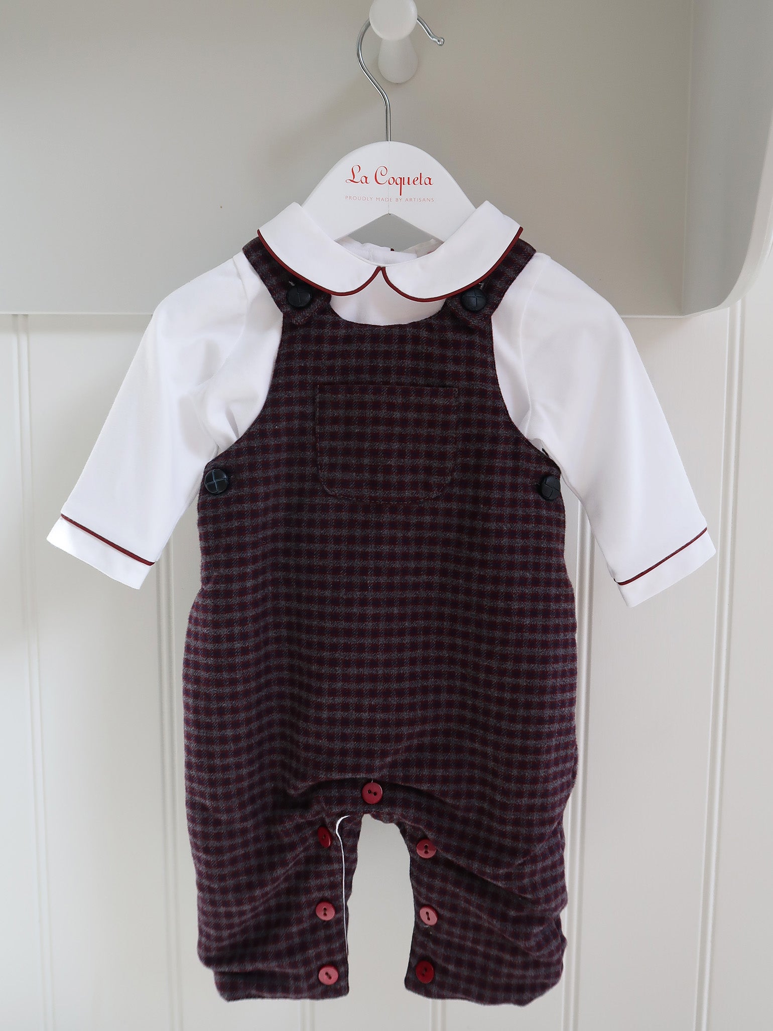 Burgundy Check Coroza Baby Dungarees La Coqueta Kids UK