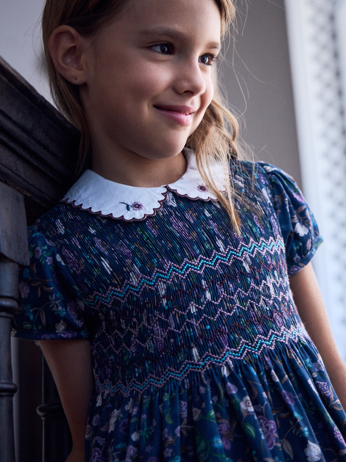 Navy Floral Carmen Girl Hand-Smocked Dress