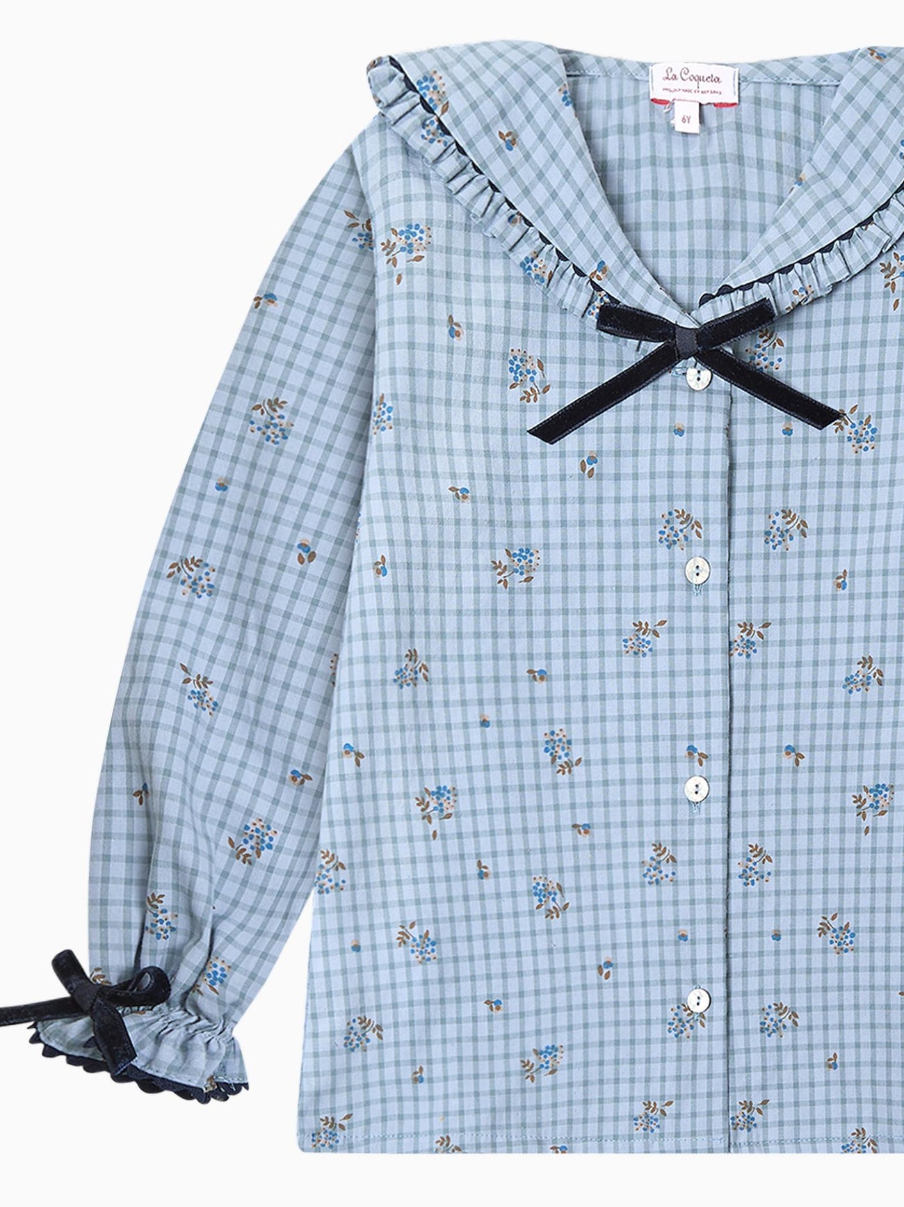 Blue Gingham Floral Clara Long Sleeve Girl Shirt