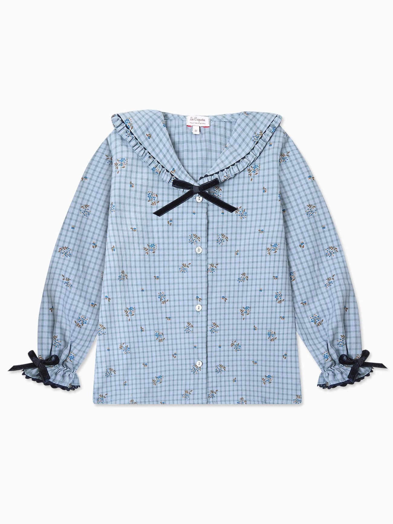 Blue Gingham Floral Clara Long Sleeve Girl Shirt