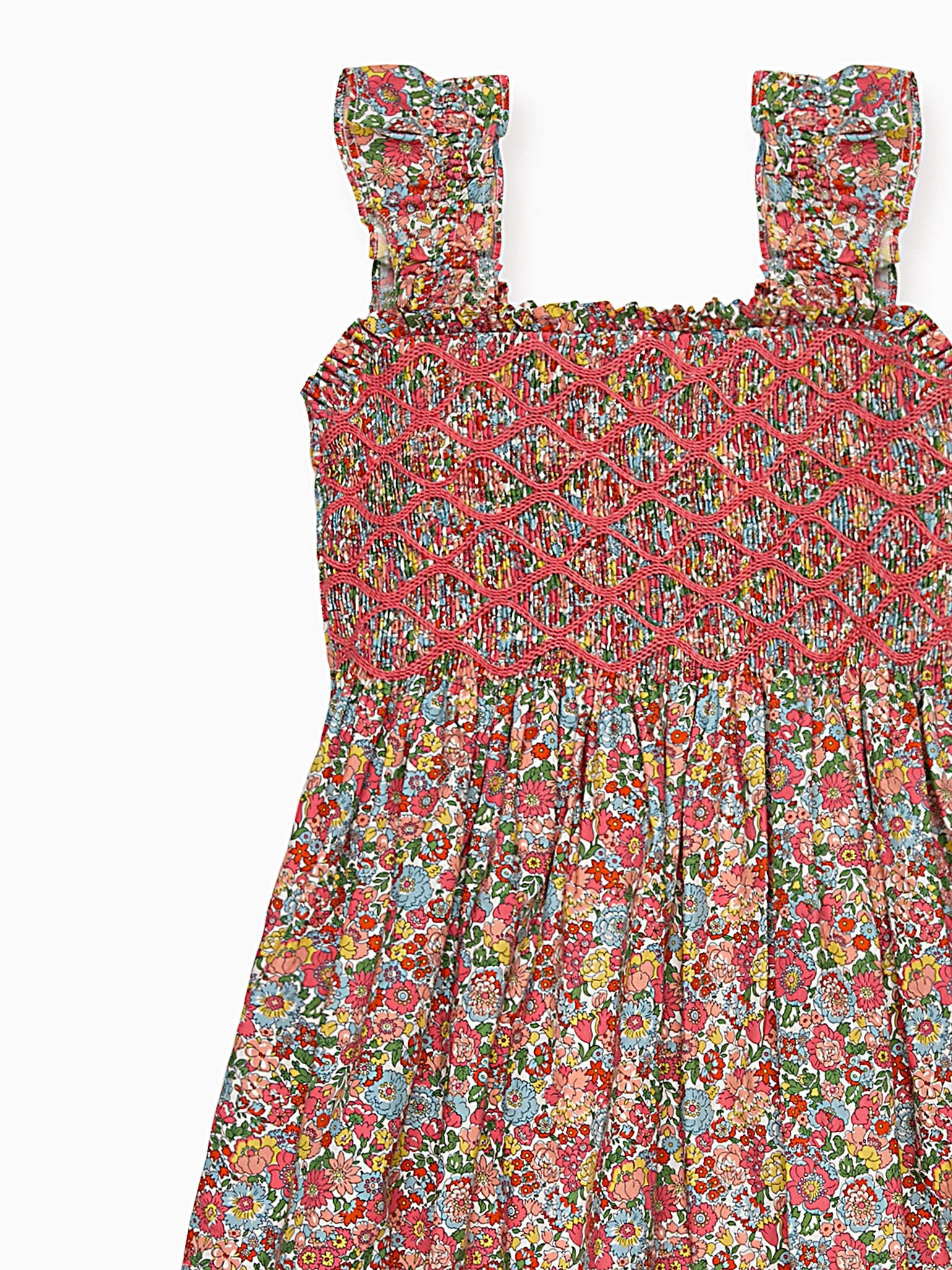 Coral Floral Evelia Girl Made With Liberty Fabric Hand-Smocked Dress