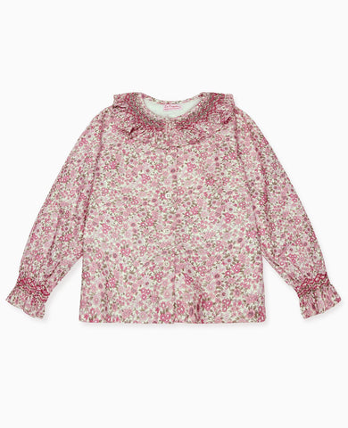 Pink Floral Emanuella Long Sleeve Girl Hand-Smocked Shirt