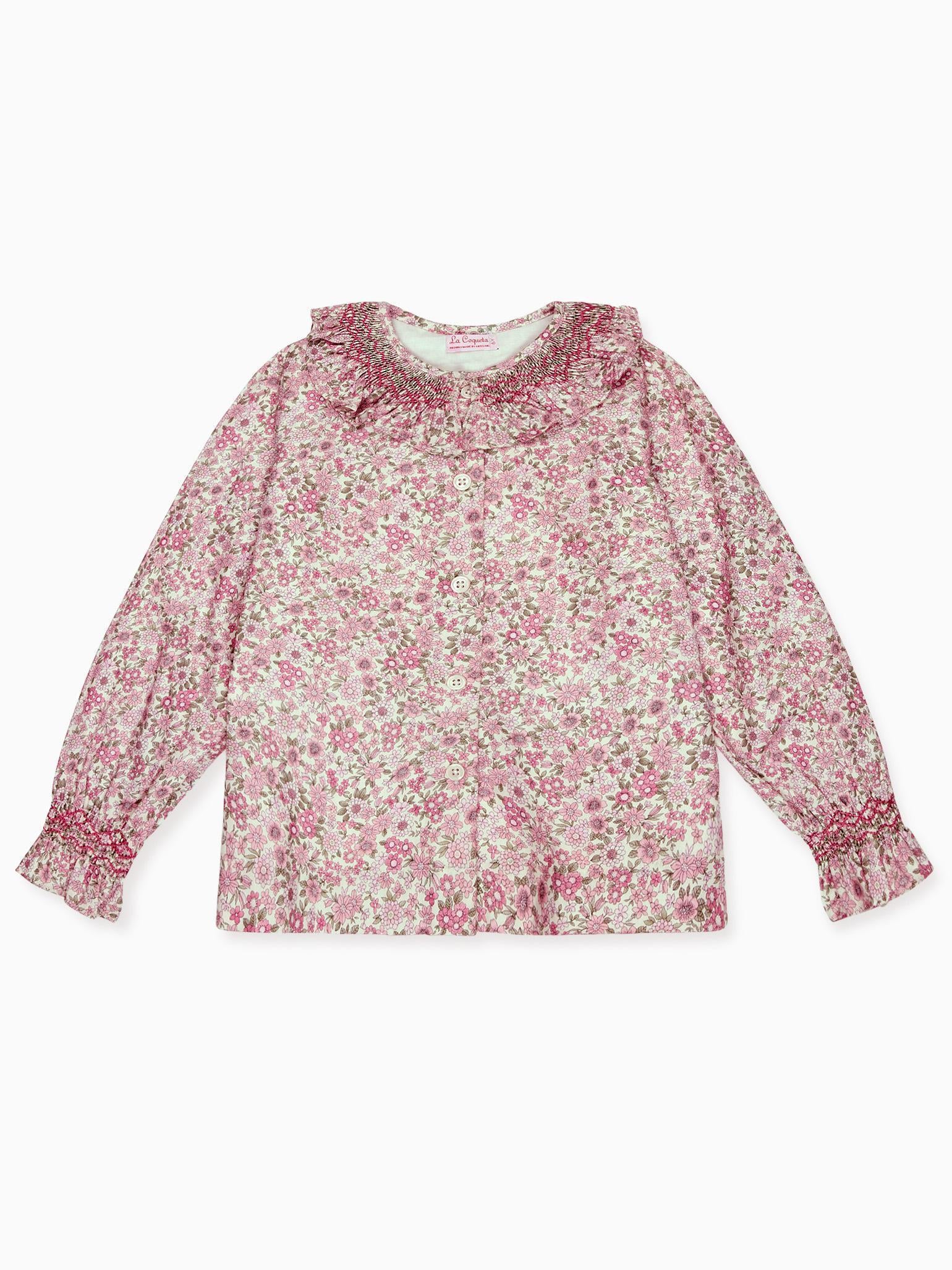 Pink Floral Emanuella Long Sleeve Girl Hand-Smocked Shirt