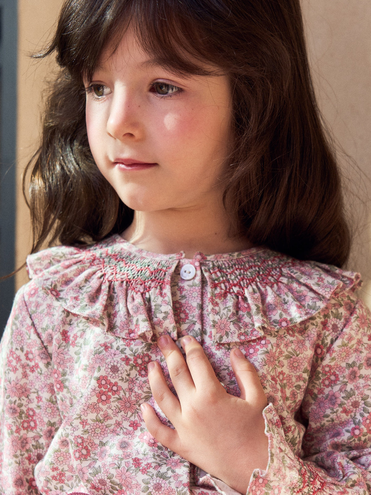 Pink Floral Emanuella Long Sleeve Girl Hand-Smocked Shirt