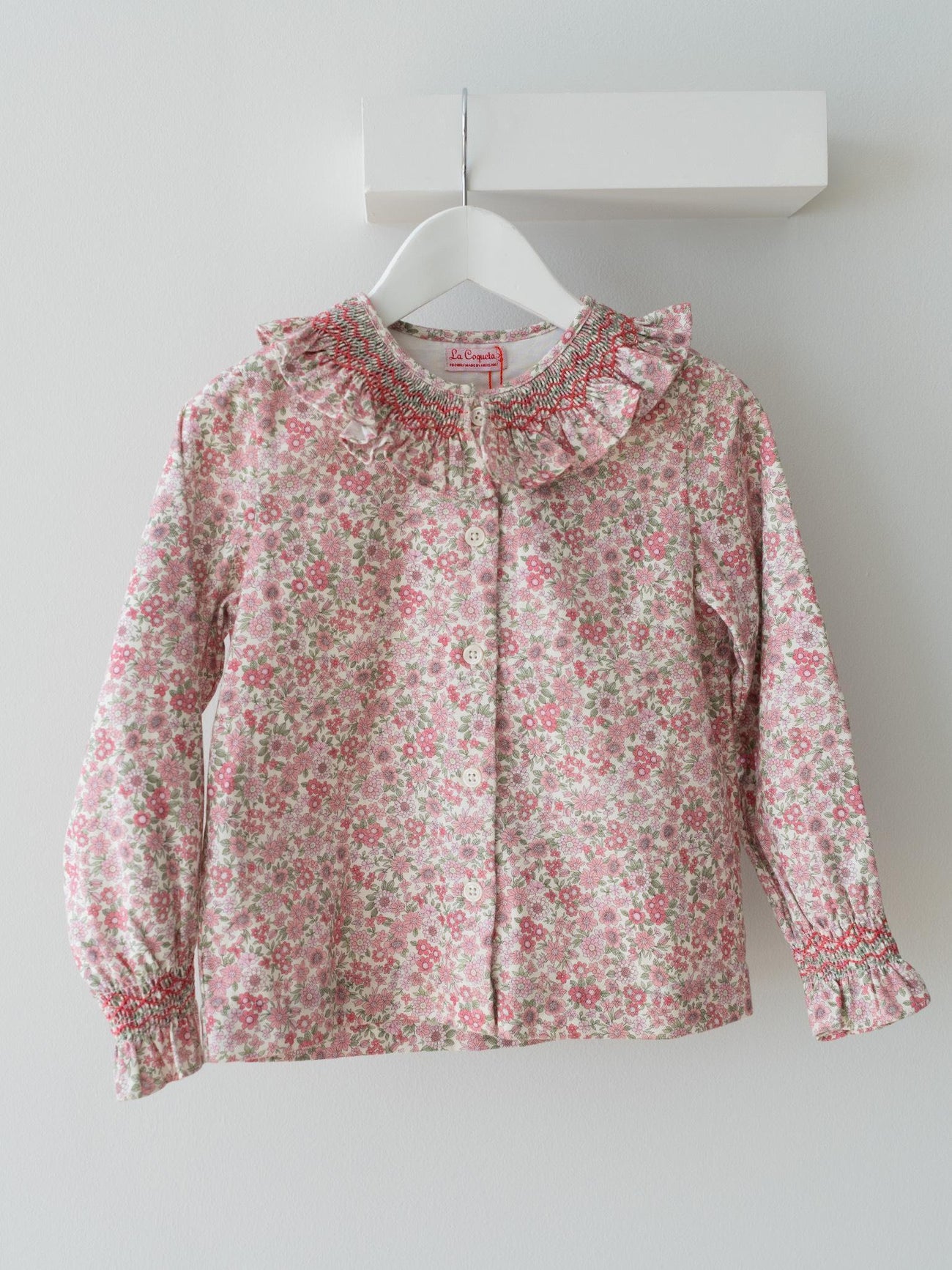 Pink Floral Emanuella Long Sleeve Girl Hand-Smocked Shirt