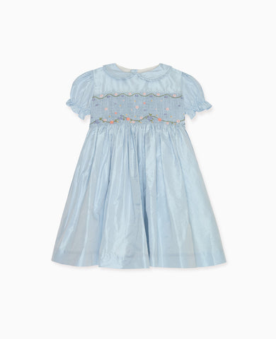 Light Blue Eva Silk Ceremony Girl Hand-Smocked Dress