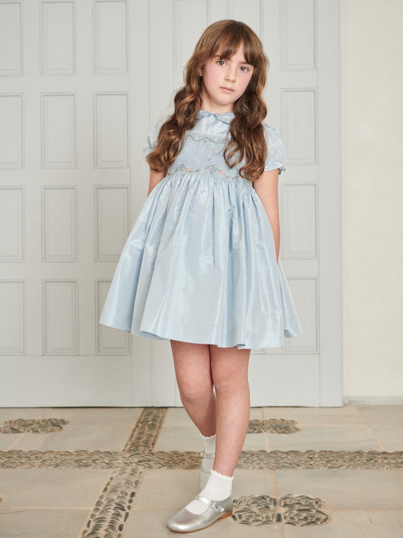 Light Blue Eva Silk Ceremony Girl Hand-Smocked Dress