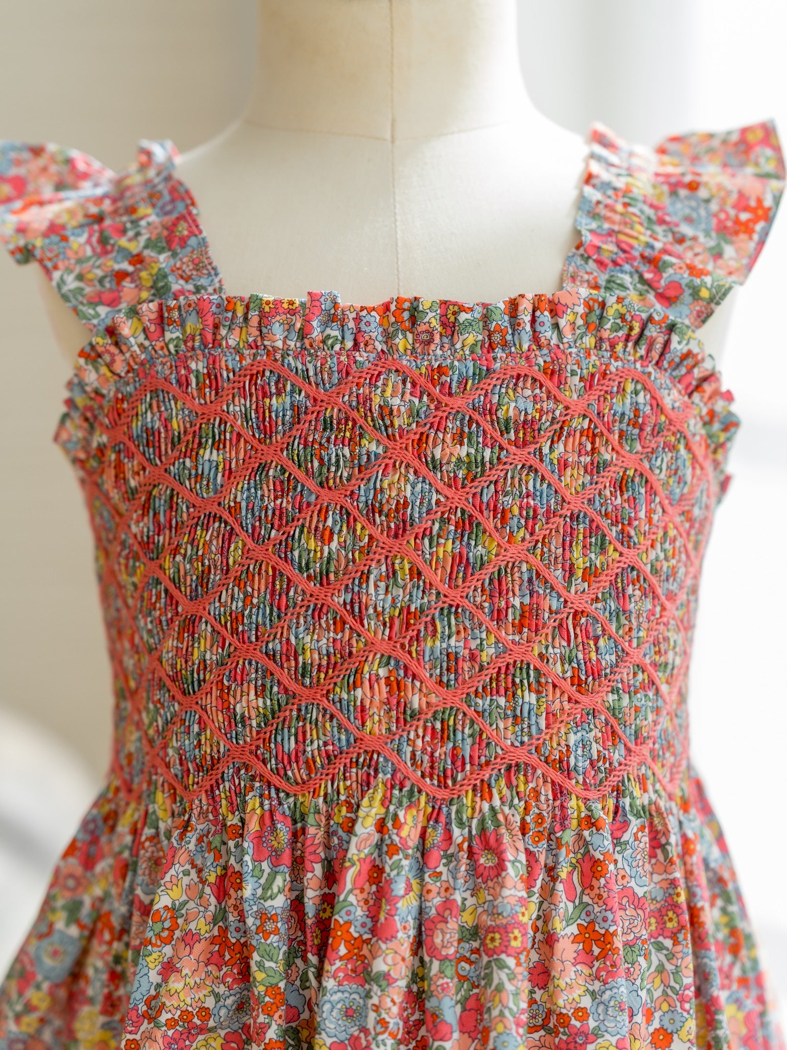 Coral Floral Evelia Girl Made With Liberty Fabric Hand-Smocked Dress