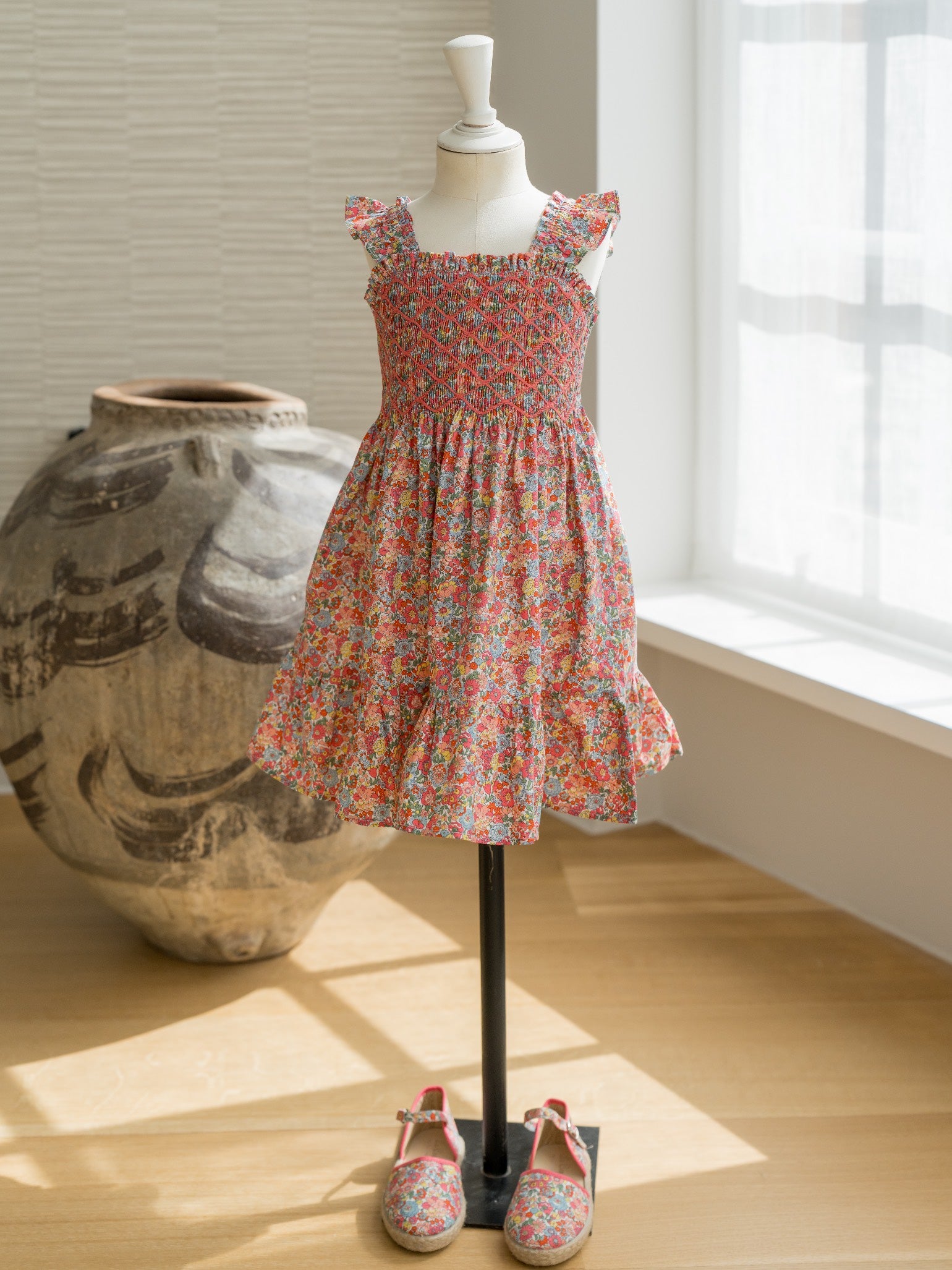 Coral Floral Evelia Girl Made With Liberty Fabric Hand-Smocked Dress