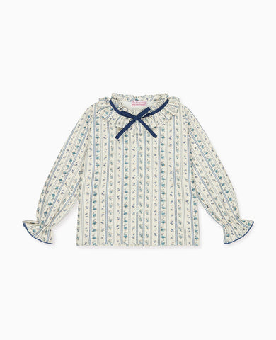 Blue Floral Stripe Felixa Long Sleeve Baby Girl Shirt