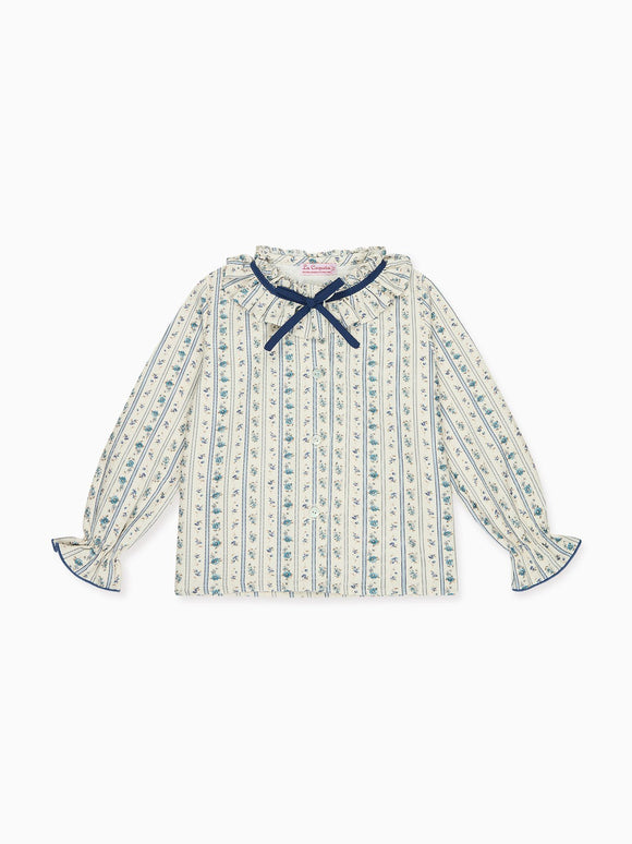 Blue Floral Stripe Felixa Long Sleeve Baby Girl Shirt
