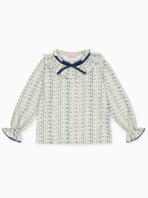Blue Floral Stripe Felixia Long Sleeve Girl Shirt