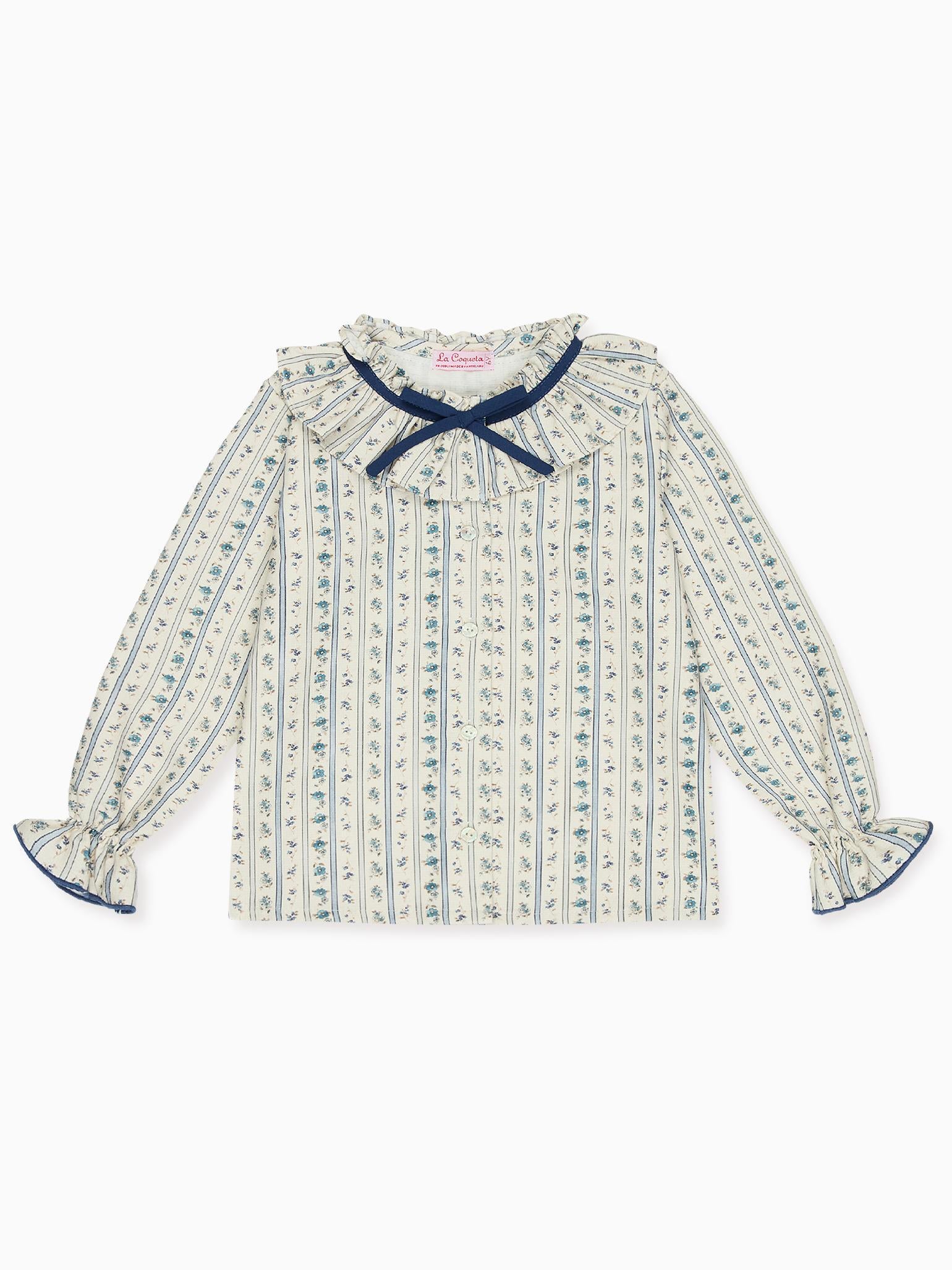 Blue Floral Stripe Felixia Long Sleeve Girl Shirt