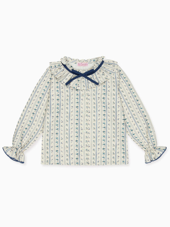 Blue Floral Stripe Felixia Long Sleeve Girl Shirt
