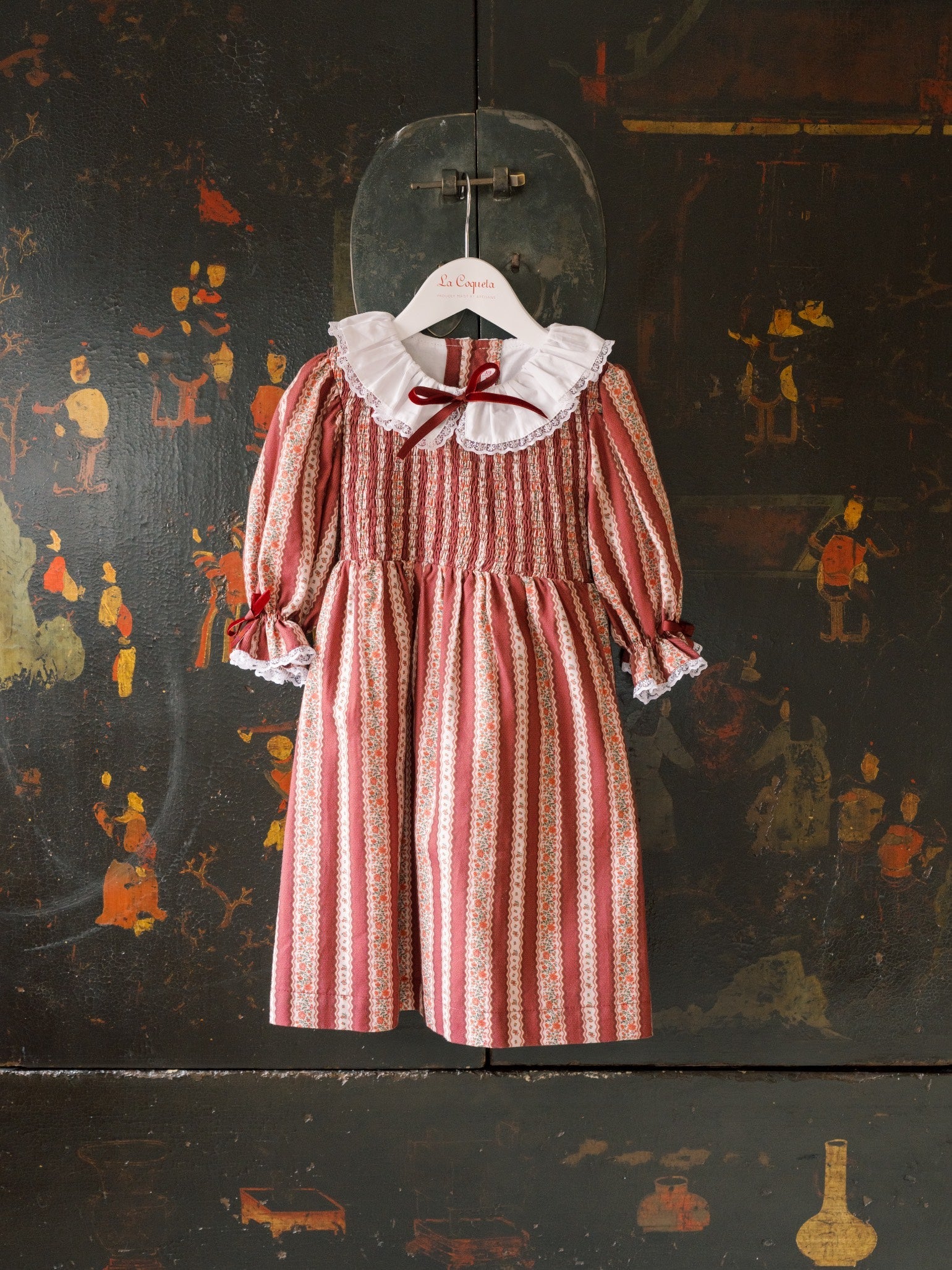 Burgundy Floral Stripe Festa Girl Hand-Smocked Dress