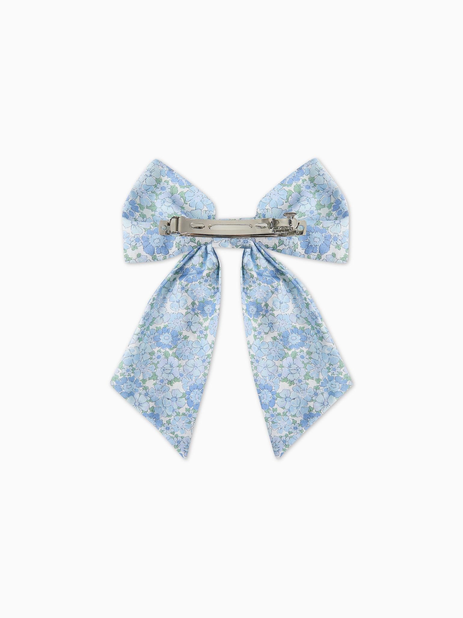 Blue Floral Girl Large Long Bow Clip