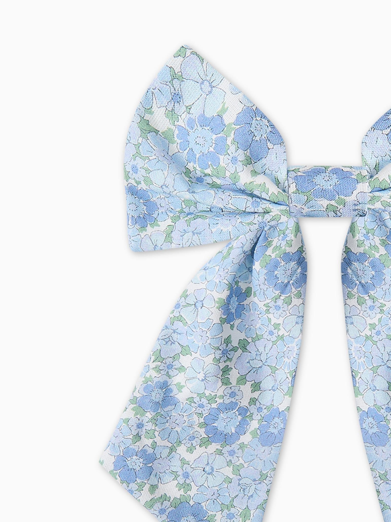 Blue Floral Girl Large Long Bow Clip