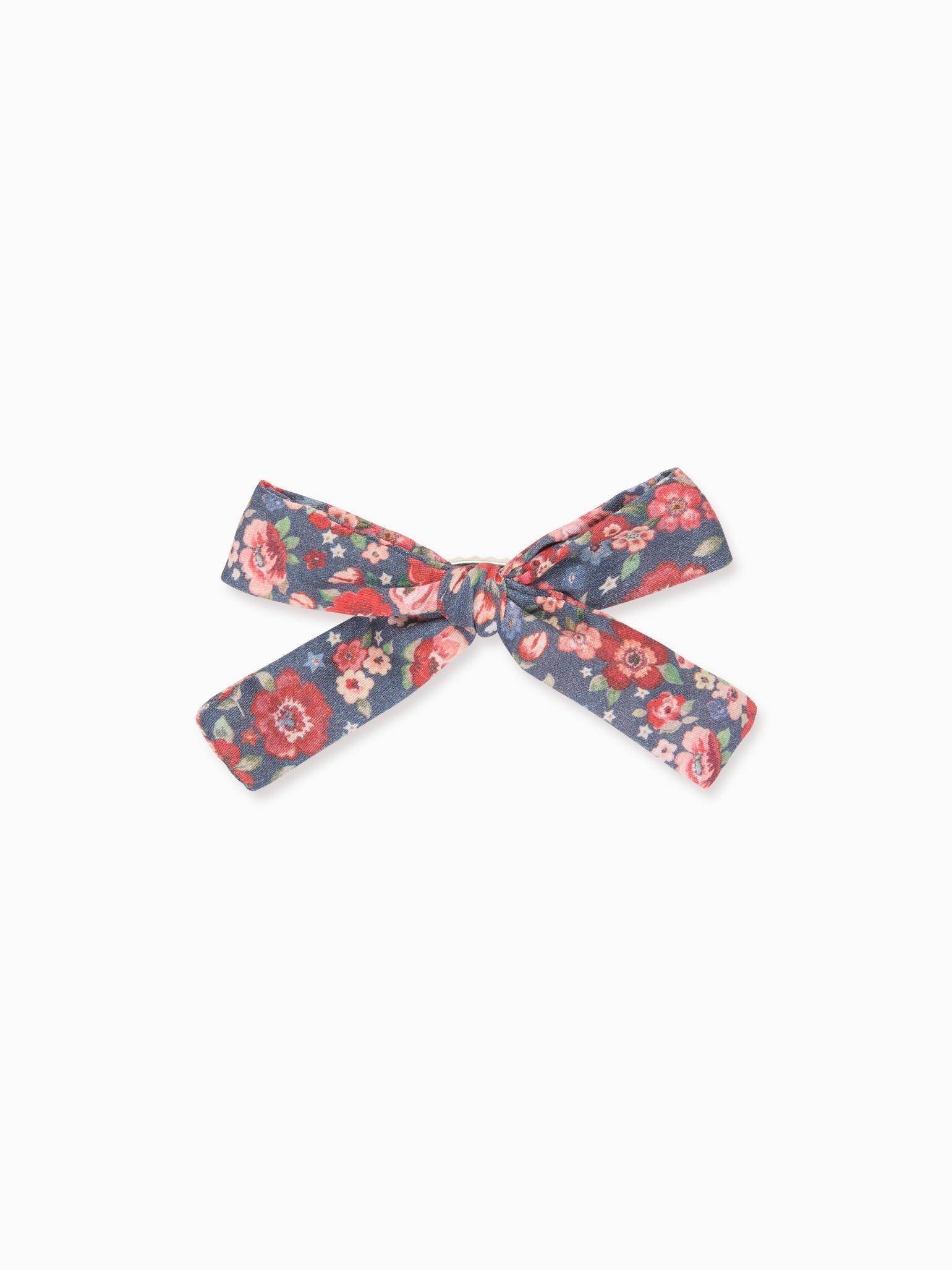 Navy Floral Girl Soft Ribbon Bow Clip