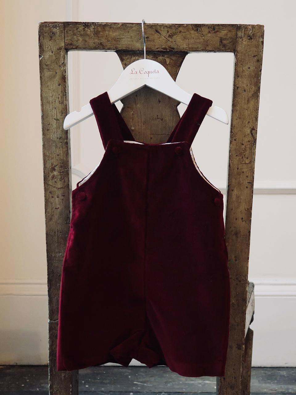 Burgundy Buganvilla Velvet Baby Dungarees
