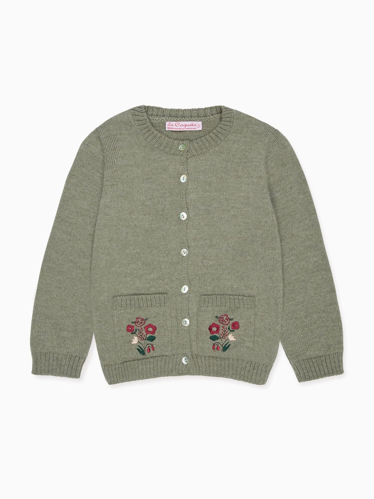 Sage Green Josefina Merino Embroidered Girl Cardigan La Coqueta Kids
