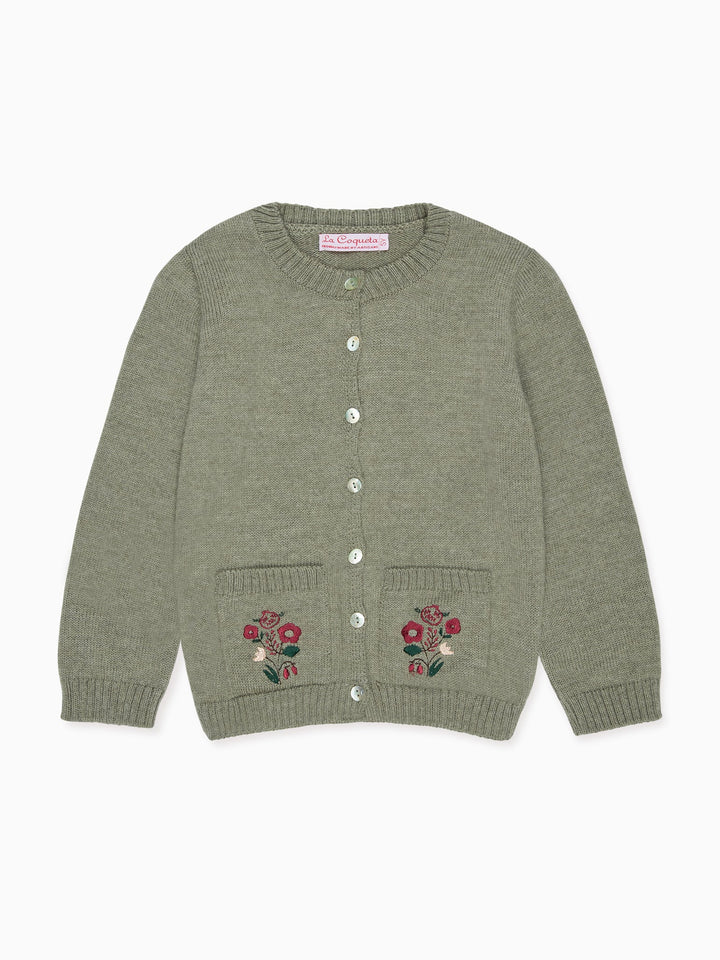 Sage Green Josefina Merino Embroidered Girl Cardigan La Coqueta Kids