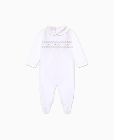 White Lamb Baby Girl Hand-Smocked Sleepsuit