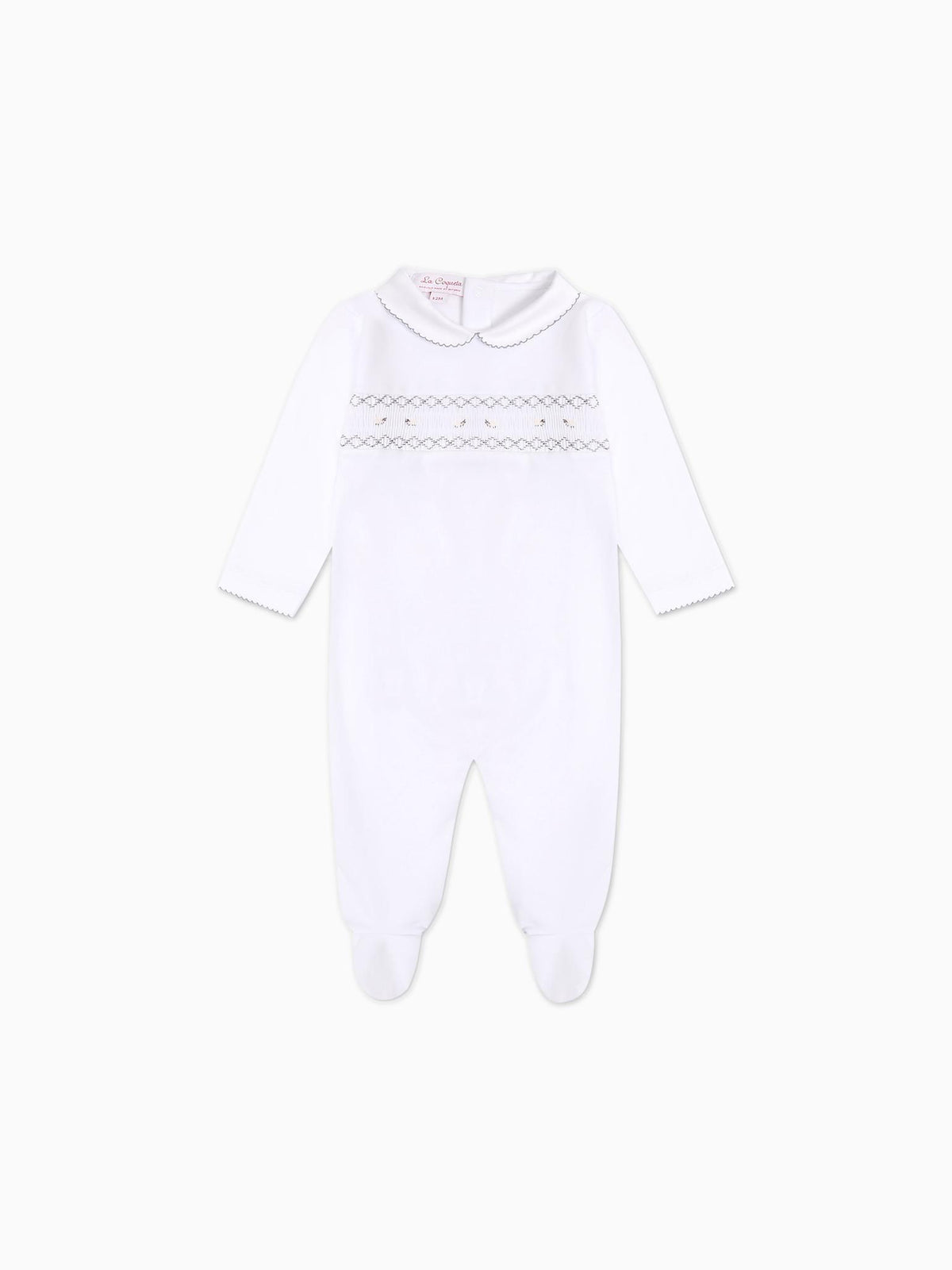 White Lamb Baby Girl Hand-Smocked Sleepsuit