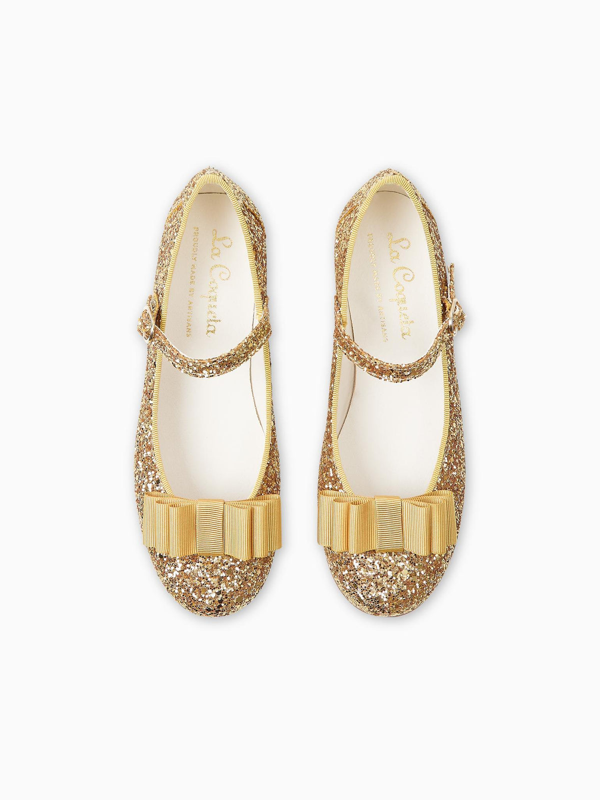 Glitter Gold Leather Girl Bow Mary Jane Shoes