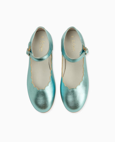 Metallic Blue Leather Girl Scallop Mary Jane Shoes