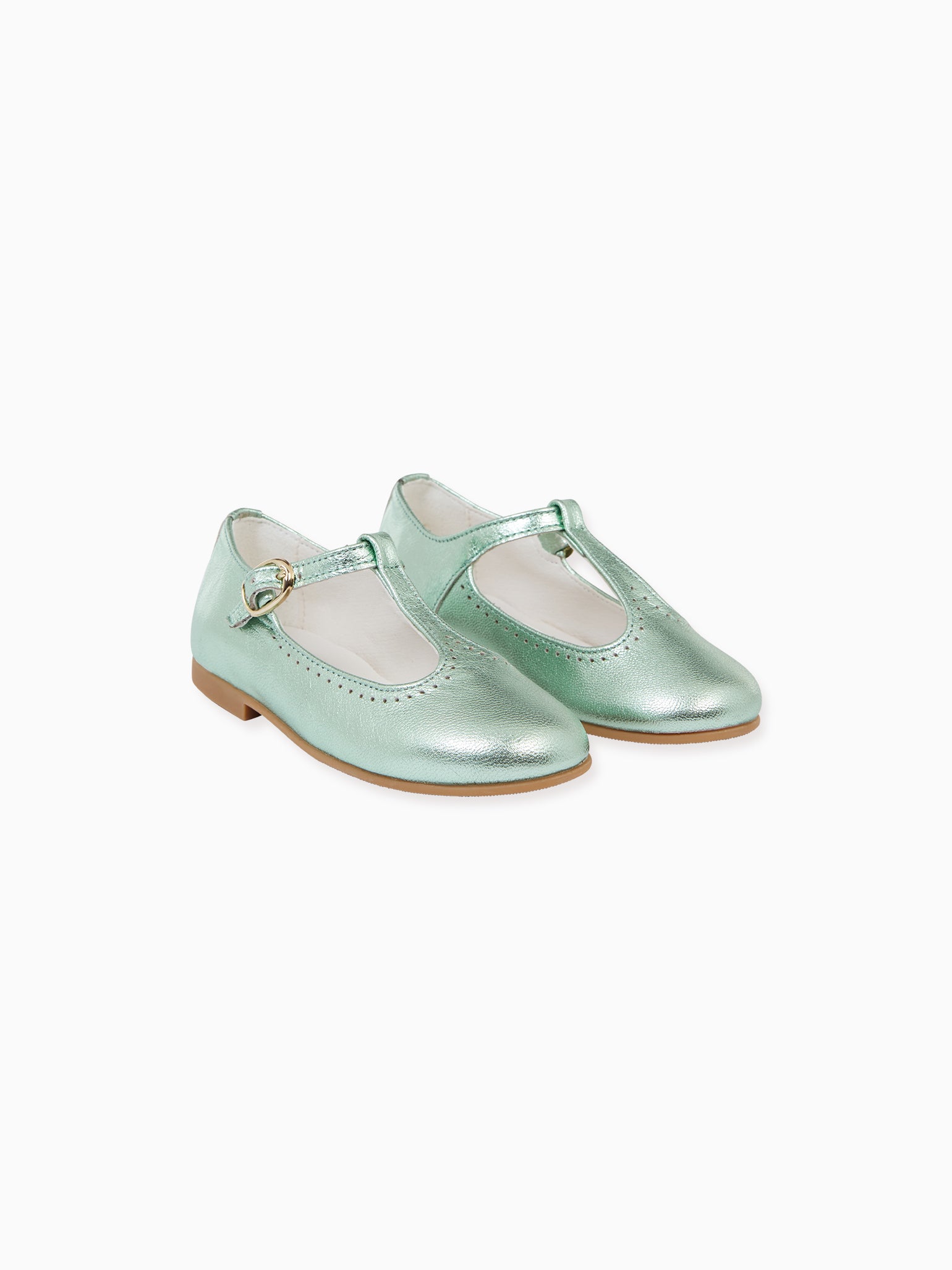 Metallic Green Leather Girl T-Bar Shoes
