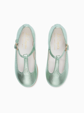 Metallic Green Leather Girl T-Bar Shoes