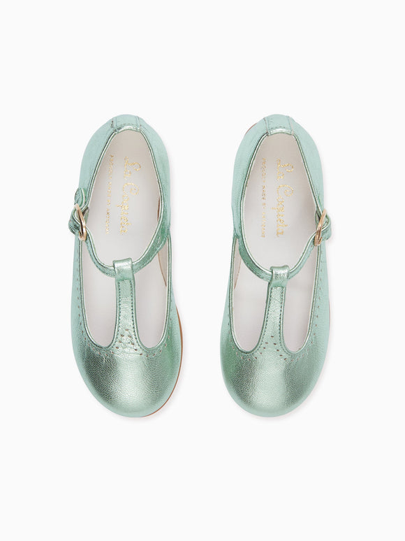 Metallic Green Leather Girl T-Bar Shoes