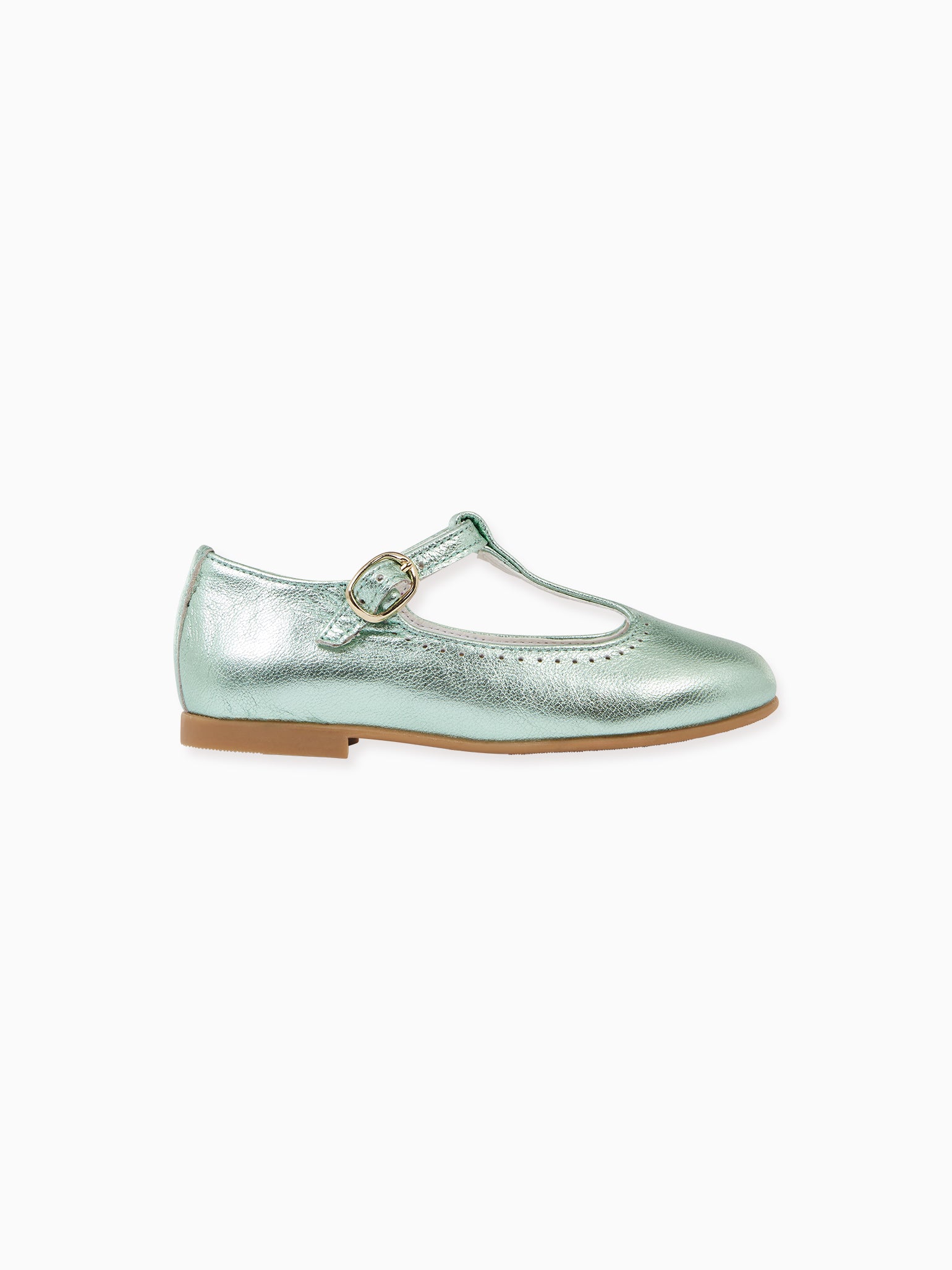 Metallic Green Leather Girl T-Bar Shoes