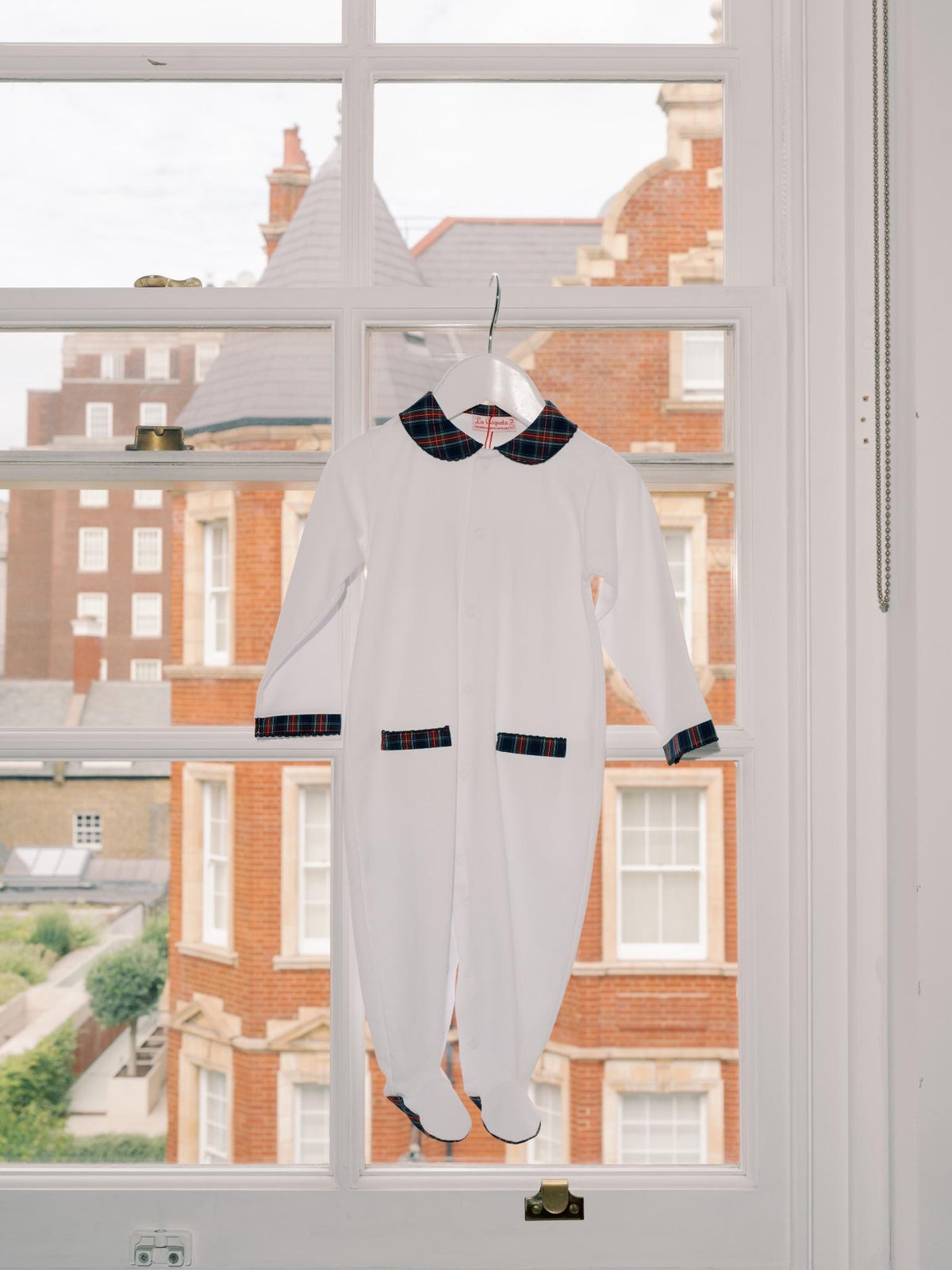 White & Navy Tartan Lindo Baby Sleepsuit