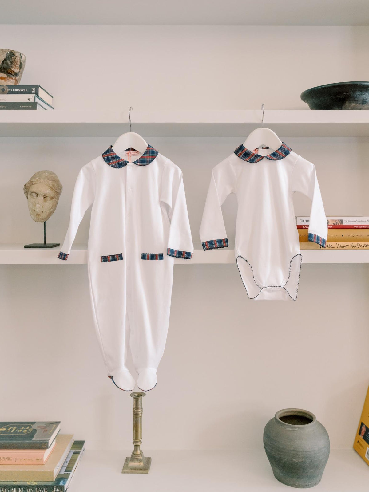 White & Navy Tartan Lindo Baby Sleepsuit