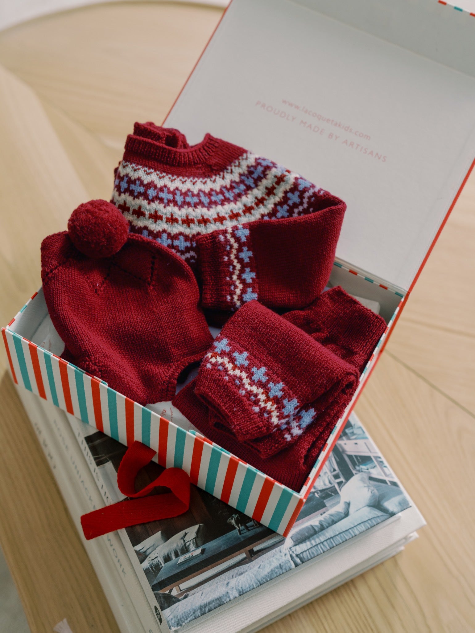 Burgundy Lyle Merino Fair Isle Baby Knitted Gift Box Set