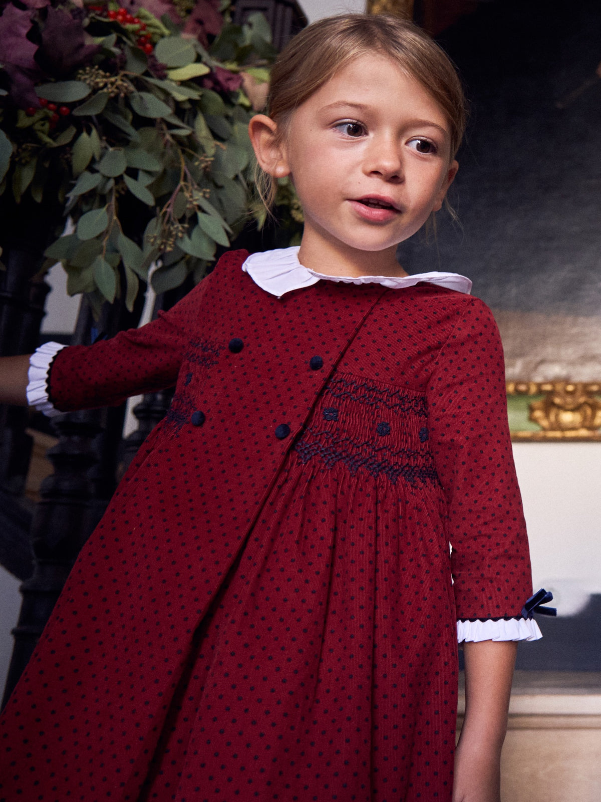 Burgundy Polka Dot Magdalena Corduroy Girl Hand-Smocked Dress