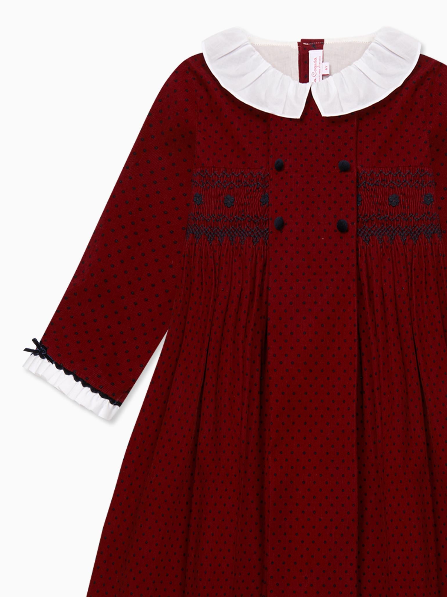 Burgundy Polka Dot Magdalena Corduroy Girl Hand-Smocked Dress