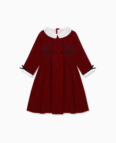 Burgundy Polka Dot Magdalena Corduroy Girl Hand-Smocked Dress