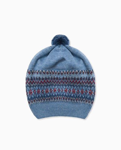 Dusty Blue Merino Fair Isle Kids Bobble Hat