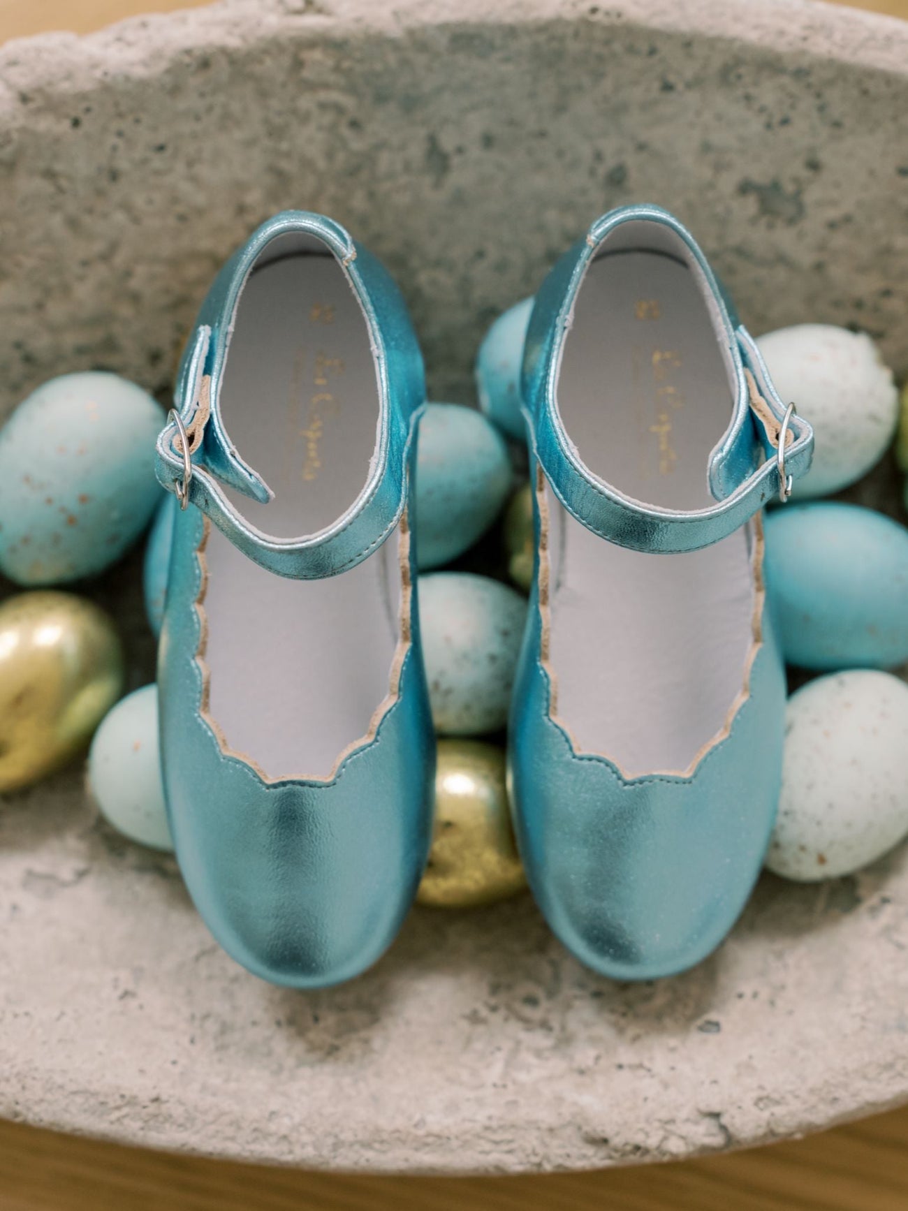 Metallic Blue Leather Girl Scallop Mary Jane Shoes